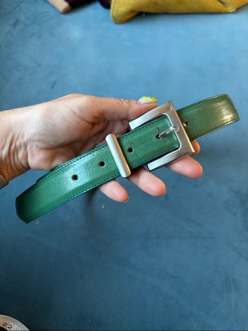 Women’s Green Leather Belt with Silver-Tone Buckle